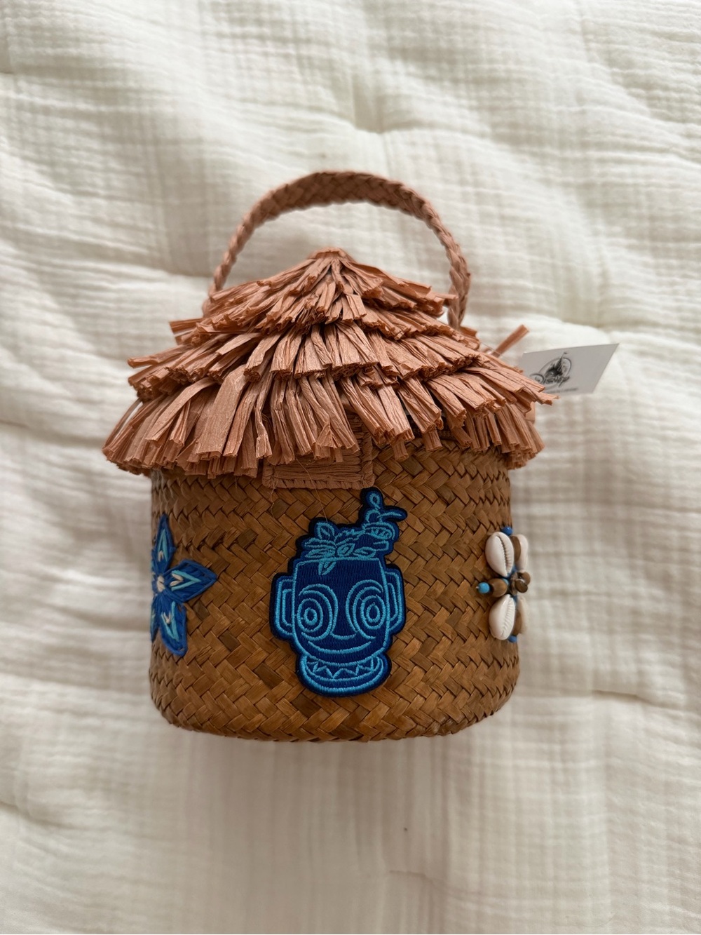 Disney Brown Straw Mini Bag with Blue Tiki Patch
